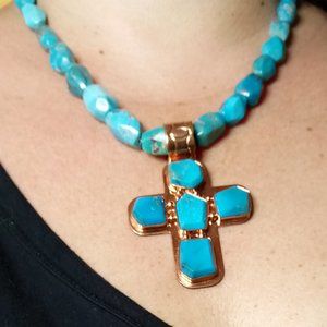 Faux Turquoise and Copper Cross Necklace